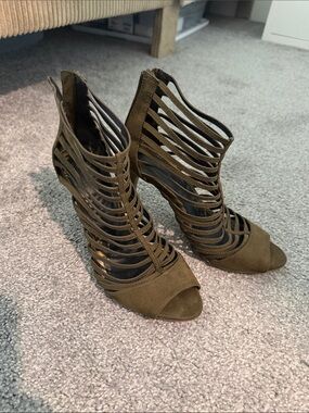 Brash Olive Strappy Cage Peep-Toe High Heel Sandals